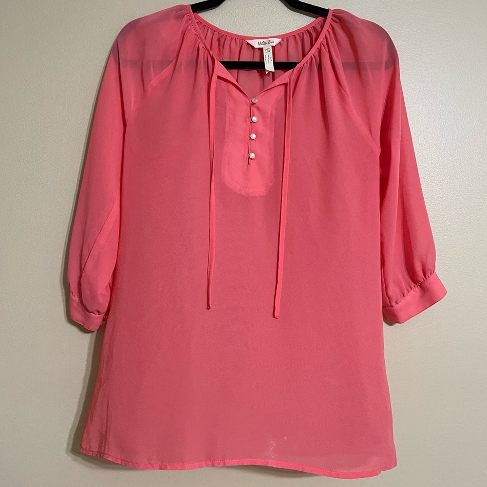 Matilda Jane coral button‎ blouse semi sheer Size Small